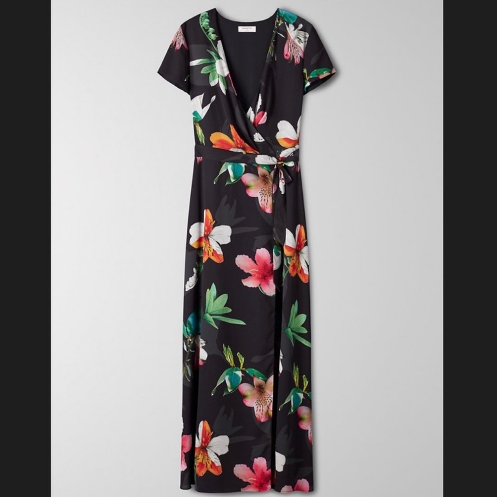 Aritzia Babaton Lyndon Tie-Wrap Dress Black Floral Pattern Women's Size XS NWT